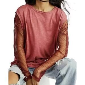 Free People Billie Jean Twofer Red Tee Floral Lace Sleeves Size M